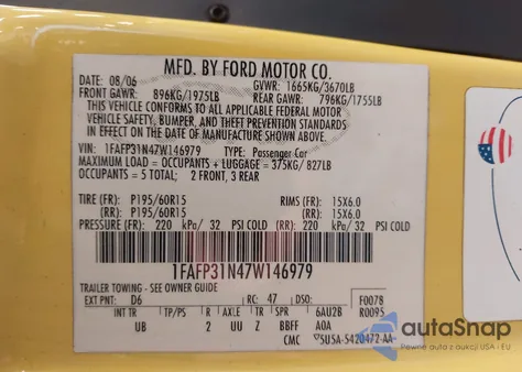 2007 Ford Focus S/Se/Ses z USA, uszkodzony, nr VIN 1FAFP31N47W146979